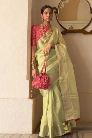 Parrot Green Color Organza Fabric Designer Saree