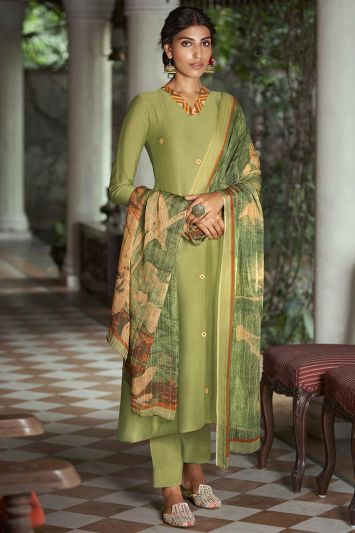 Parrot Green Color Pure Silk Straight Pant Suit