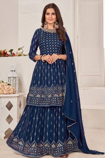 Party Wear Blooming Faux Georgette Fabric Palazzo Suit in Blue Color