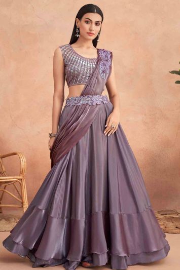 Party Wear Fancy Silk Lehenga Saree in Lilac Color