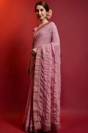 Party Wear Georgette Fabric Saree in Light Pink Color