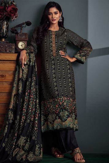 Party Wear Pashmina Fabric Palazzo Suit in Black Color