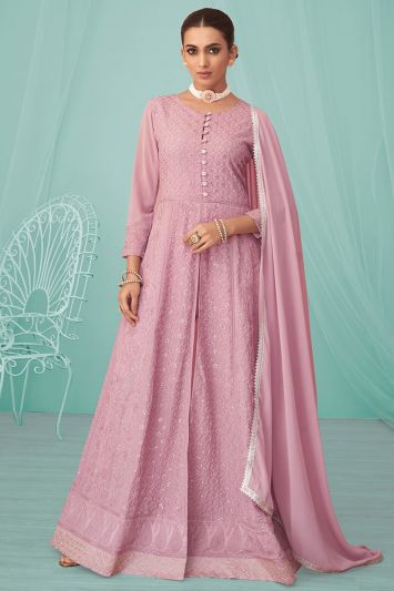 Party Wear Pink Color Georgette Fabric Long Trouser Suit