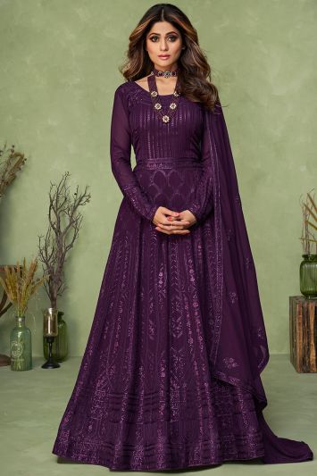 Party Wear Purple Color Real Georgette Fabric Anarkali Suit