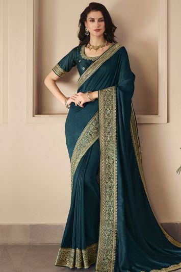 Party Wear Teal Color Vichitra Silk Fabric Saree