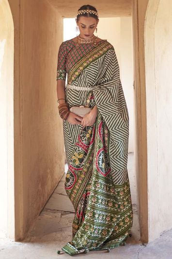 Patola Silk Fabric Printed Saree in Green Color