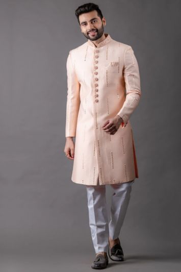 Peach Color Chanderi Silk Fabric Indo Western