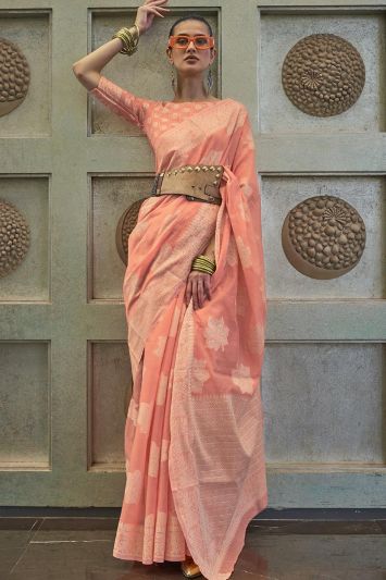 Peach Color Chikankari Lucknowi Silk Fabric Party Wear Saree