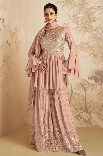 Peach Color Chinon Crush Fabric Designer Sharara Suit