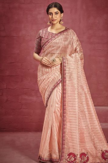 Peach Organza Embellished Saree