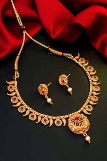 Pink and Green Gold Plated Stone-Studded Jewellery Set