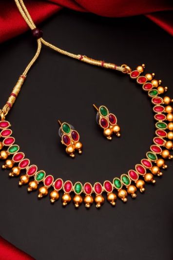 Pink and Green Stone-Studded Jewellery Set