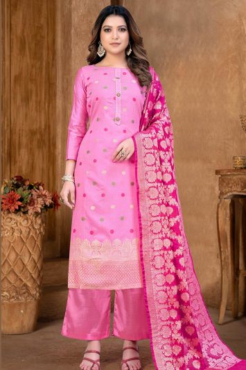 Pink Color Banarasi Jacquard Fabric Festive Wear Palazzo Suit