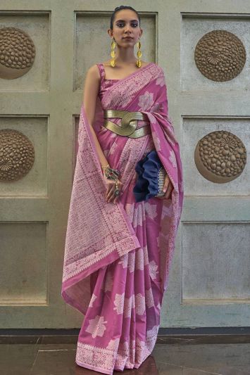 Pink Color Chikankari Lucknowi Silk Fabric Festive Wear Saree