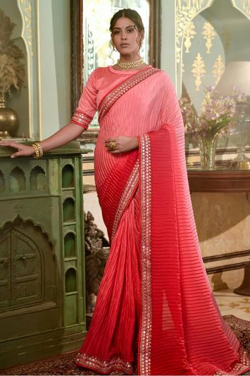 Pink Color Georgette Crush Fabric Party Wear Half and Half Saree