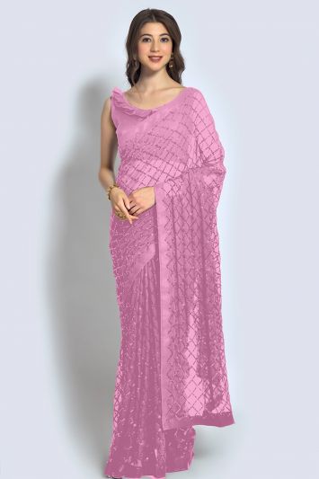 Pink Color Georgette Fabric Designer Saree