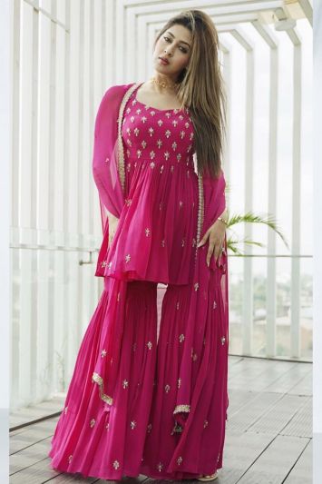 Pink Color Georgette Fabric Eid Wear Sharara Suit