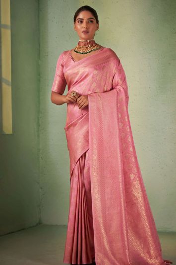 Pink Color Kanjivaram Silk Fabric Party Wear Saree