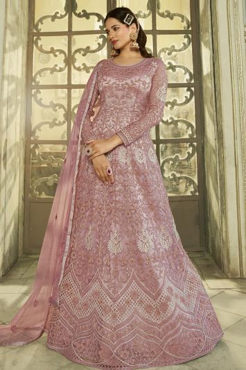 Pink Color Net Fabric Sangeet Wear Anarkali Suit with Cording Work