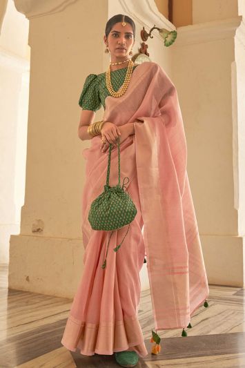 Pink Color Organza Fabric Weaving Printed Saree