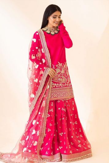 Pink Color Silk and Net Fabric Festive Wear Sharara Suit