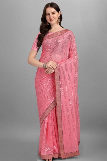 Pink Color Soft Georgette Fabric Sequins Saree