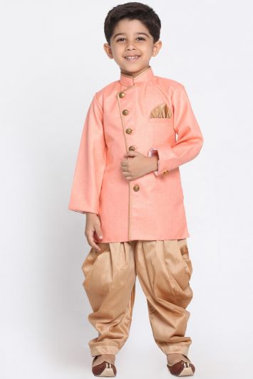 Pink Cotton Silk Kurta and Gold Dhoti For Diwali