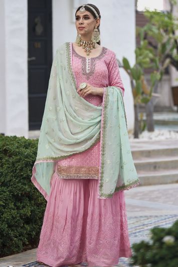 Pink Faux Georgette Pakistani Sharara Suit
