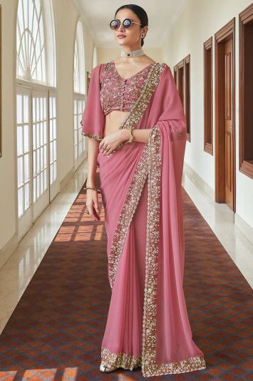 Pink Georgette Fabric Party Wear Saree with Zari Work