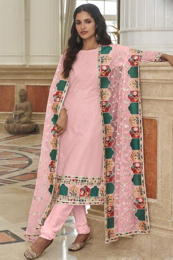 Pink Real Georgette Designer Churidar Suit with Print Work
