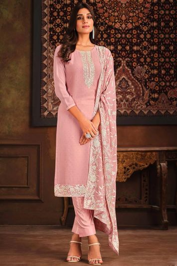 Pink Real Georgette Embroidered Trouser Suit