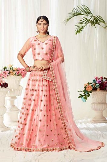 Pink Satin Heavy Designer Lehenga Choli With Thread And Jari Embroidery