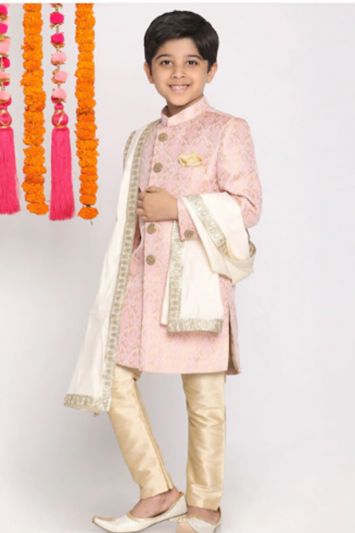 Pink Woven Design Silk Blend Sherwani