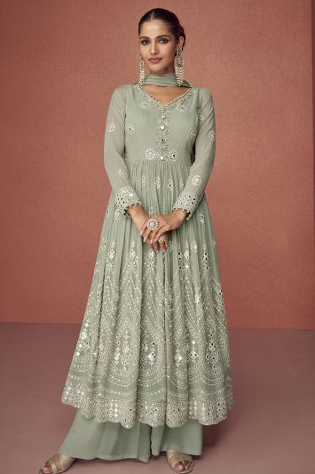 Pista Green Color Real Geogette Fabric Embroidered Anarkali Suit