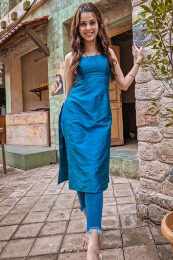 Plain Taffeta Silk Churidar Suit in Blue Color