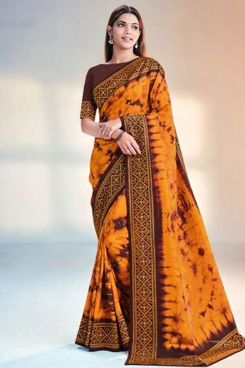 Poly Silk Fabric Festive Wear Saree in Mustard Color