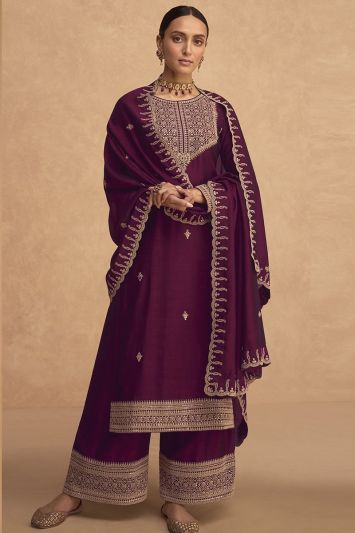 Premium Silk Fabric Eid Wear Palazzo Suit in Purple Color