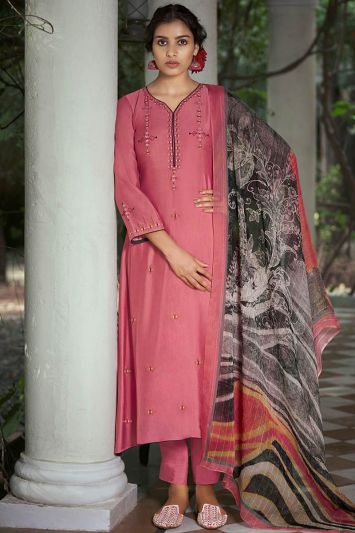 Printed Pink Color Pure Silk Fabric Straight Pant Suit