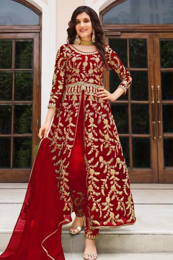 Pure Butterfly Net Fabric Straight Pant Suit in Red Color