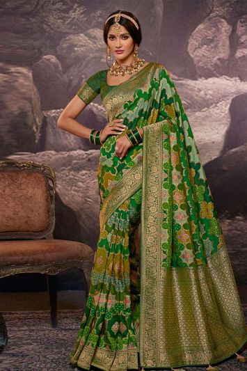 Pure Tussar Viscose Fabric Printed Saree in Green Color