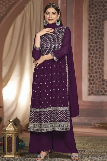Purple Color Blooming Georgette Fabric Wedding Wear Palazzo Suit
