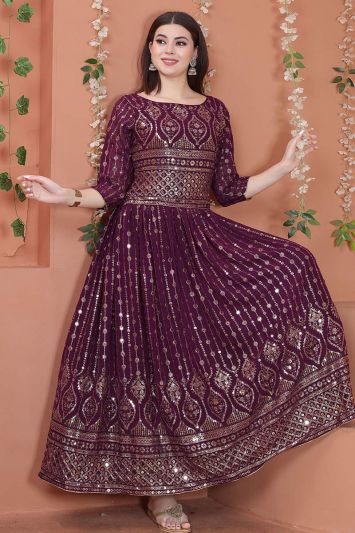 Purple Color Faux Georgette Fabric Sequins Work Gown