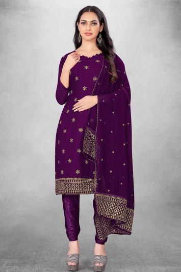 Purple Color Georgette Fabric Festive Wear Churidar Suit