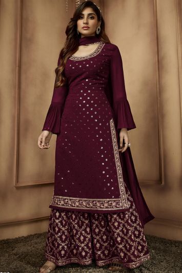 Purple Color Georgette Fabric Sequins Work Sharara Suit