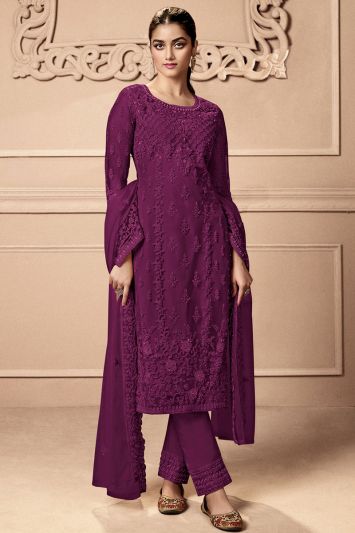 Purple Color Heavy Butterfly Net Fabric Straight Pant Suit