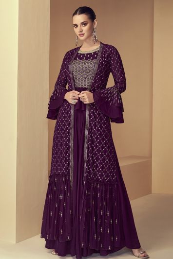 Purple Color Heavy Faux Georgette Fabric Sharara Suit with Jacket