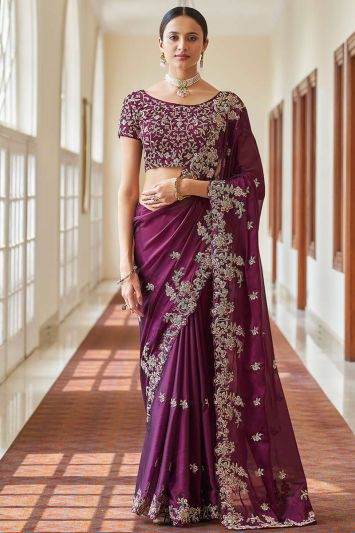 Purple Crepe Fabric Party Wear Saree with Resham Work
