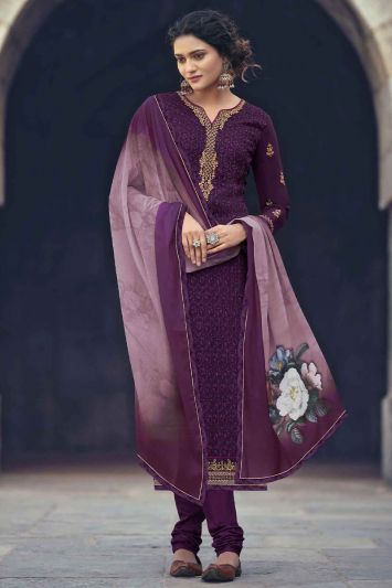 Purple Faux Georgette Churidar Suit