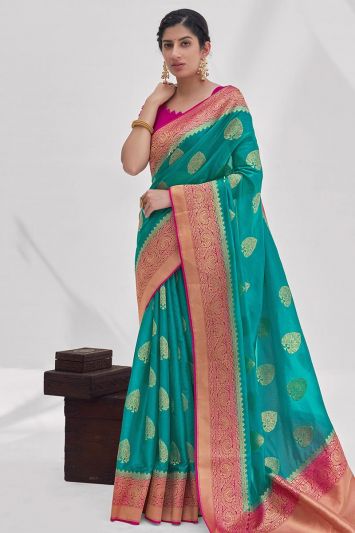 Rama Color Silk Organza Fabric Weaving Printed Saree