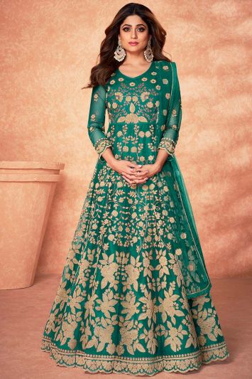 Rama Green Color Diamond Net Anarkali Suit